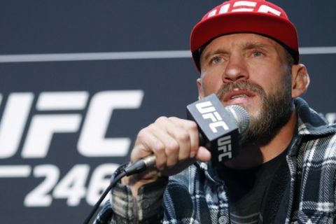 Donald "Cowboy" Cerrone speaks during a media event for the UFC 246 mixed martial arts bout, Thursday, Jan. 16, 2020, in Las Vegas. Cerrone is scheduled to fight Conor McGregor in a welterweight bout Saturday in Las Vegas. (AP Photo/John Locher)