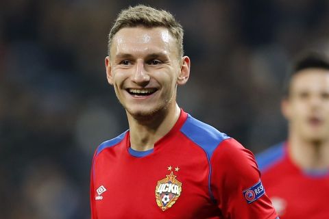 CSKA forward Fedor Chalov celebrates after scoring his side's opening goal during the Champions League, Group G soccer match between Real Madrid and CSKA Moscow, at the Santiago Bernabeu stadium in Madrid, Spain, Wednesday Dec. 12, 2018. (AP Photo/Paul White)