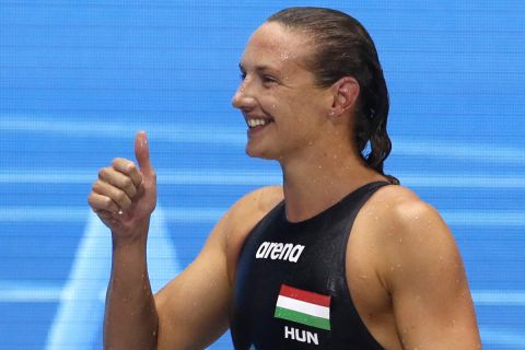 Hungary's Katinka Hosszu gives a thumbs up after winning the 400 meters individual medley women's final at the European Aquatics Championships in the Duna Arena in Budapest, Hungary, Monday, May 17, 2021. (AP Photo/Petr David Josek)