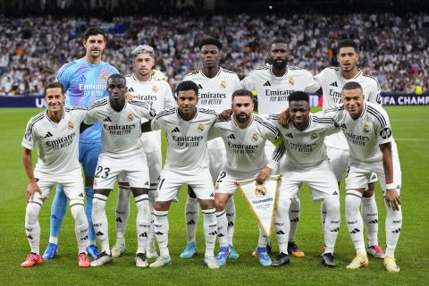 Real Madrid players pose for photographers prior the Champions League opening phase soccer match between Real Madrid and VfB Stuttgart at the Santiago Bernabeu stadium, in Madrid, Tuesday, Sept. 17, 2024. (AP Photo/Manu Fernandez)