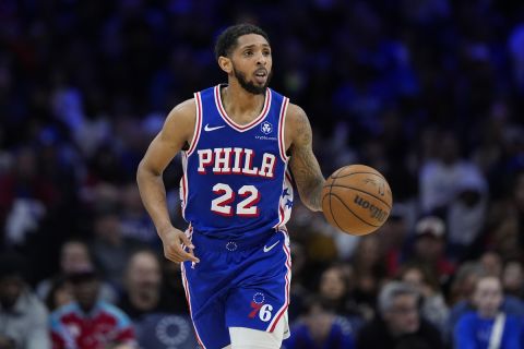 Philadelphia 76ers' Cameron Payne plays during an NBA basketball game, Tuesday, April 2, 2024, in Philadelphia. (AP Photo/Matt Slocum)