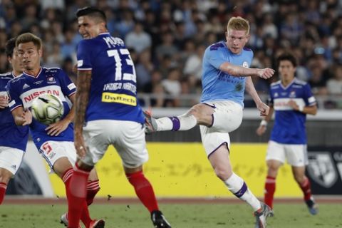 Manchester City's Kevin de Bruyne tries to score a goal against Yokohama F Marinos during their friendly soccer match in Yokohama, Japan, Saturday, July 27, 2019. (AP Photo/Shuji Kajiyama)