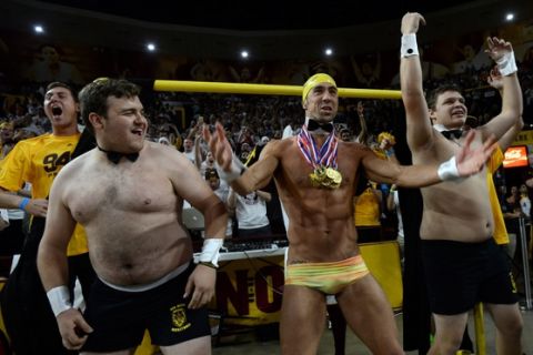 Jan 28, 2016; Tempe, AZ, USA; Olympic swimmer Michael Phelps joins Arizona State Sun Devils students in the 'Curtain Of Distraction' during the second half against the Oregon State Beavers at Wells-Fargo Arena. Mandatory Credit: Joe Camporeale-USA TODAY Sports