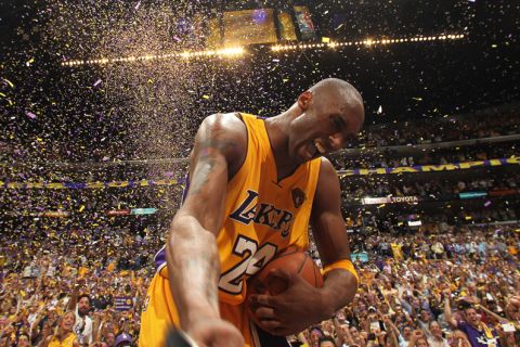 LOS ANGELES - JUNE 17: Kobe Bryant #24 of the Los Angeles Lakers celebrates after winning over the Boston Celtics in Game Seven of the 2010 NBA Finals on June 17, 2010 at Staples Center in Los Angeles, California.  NOTE TO USER: User expressly acknowledges and agrees that, by downloading and/or using this Photograph, user is consenting to the terms and conditions of the Getty Images License Agreement. Mandatory Copyright Notice: Copyright 2010 NBAE (Photo by Nathaniel S Butler/NBAE via Getty Images) *** Local Caption *** Kobe Bryant