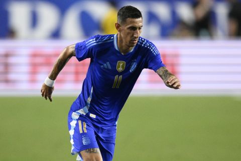 Argentina forward Angel Di Maria in action during the second half of an international friendly soccer match against Guatemala, Friday, June 14, 2024, in Landover, Md. (AP Photo/Nick Wass)