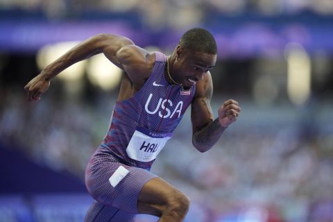 Quincy Hall, of the United States, competes in a men's 400 meters semifinal at the 2024 Summer Olympics, Tuesday, Aug. 6, 2024, in Saint-Denis, France. (AP Photo/Ashley Landis)