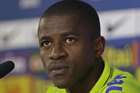 Brazil's Ramires attends a news conference at the Granja Comary training center in Teresopolis, Brazil, Tuesday, July 1, 2014.  Brazil will face Colombia in their World Cup quarterfinal match, Friday. (AP Photo/Andre Penner)