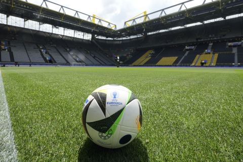 A Euro 2024 match ball is pictured inside the stadium of German first division, Bundesliga, soccer team Borussia Dortmund in Dortmund, Germany, Tuesday, June 11, 2024 ahead of the Euro 2024 Group B soccer match match between Italy and Albania on Saturday, June 15. (AP Photo/Martin Meissner)