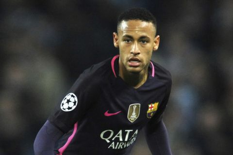 FILE - In this Tuesday, Nov. 1, 2016 file photo, Barcelona's Neymar in action during the Champions League group C soccer match between Manchester City and Barcelona at the Etihad stadium in Manchester, England. Spanish prosecutors are seeking a two-year prison sentence and a $10.6 million fine for Neymar on corruption charges because of alleged irregularities during his transfer from Brazilian club Santos to Barcelona, it was reported on Wednesday, Nov. 23, 2016. (AP Photo/Rui Vieira, File)