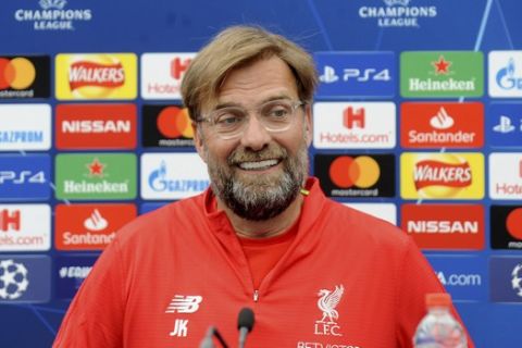 Liverpool manager Juergen Klopp gives a press conference at the Liverpool soccer team media open day, in Liverpool, England, Tuesday, May 28, 2019, ahead of their Champions League Final soccer match against Tottenham on Saturday in Madrid. (AP Photo/Rui Vieira)