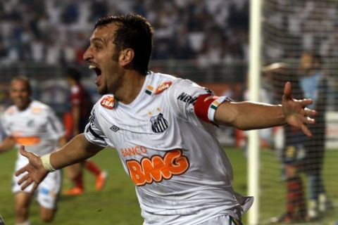 Edu Dracena of Brazil's Santos celebrates after scoring against Paraguay's Cerro Porteno during their Copa Libertadores soccer semi-final match in Sao Paulo May 25, 2011. REUTERS/Paulo Whitaker (BRAZIL - Tags: SPORT SOCCER)