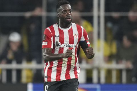 Athletic Bilbao's Inaki Williams celebrates after scoring the second goal during the Europa League opening phase soccer match between Fenerbahce and Athletic Bilbao at Sukru Saracoglu stadium, in Istanbul, Turkey, Wednesday, Dec. 11, 2024. (AP Photo/Francisco Seco)