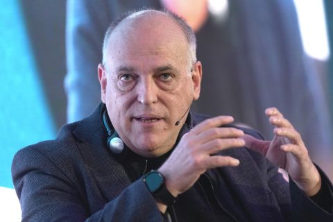 Javier Tebas, president of La Liga, speaks during the FT Business of Football Summit in London, Thursday, Feb. 29, 2024. As the summit returns for its sixth edition, top execs from across US and Europe will be flying in to debate and discuss the financial forces transforming the game. (AP Photo/Kin Cheung)