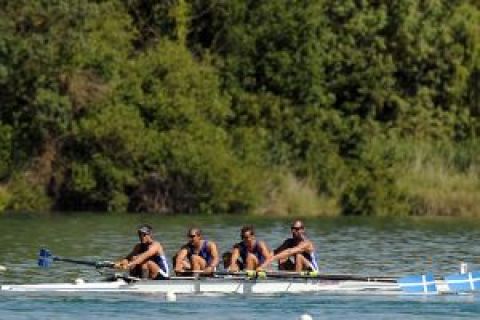 (L-R) PAVLOS GAVRIILIDIS & GEORGIOS TZIALLAS & STERGIOS PAPACHRISTOS & IOANNIS TSAMIS (ALL GREECE) COMPETE AT MEN'S FOUR HEAT DURING DAY 1 FISA ROWING WORLD CUP ON ESTANY LAKE IN BANYOLES, SPAIN...BANYOLES , SPAIN , MAY 29, 2009..( PHOTO BY ADAM NURKIEWICZ / MEDIASPORT )..PICTURE ALSO AVAIBLE IN RAW OR TIFF FORMAT ON SPECIAL REQUEST.