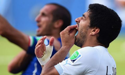 NATAL, BRAZIL - JUNE 24:  Luis Suarez of Uruguay and Giorgio Chiellini of Italy react after a clash during the 2014 FIFA World Cup Brazil Group D match between Italy and Uruguay at Estadio das Dunas on June 24, 2014 in Natal, Brazil.  (Photo by Matthias Hangst/Getty Images)