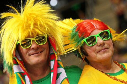 SIAULIAI, LITHUANIA - SEPTEMBER 04: Fans of LIthuania poses prior to the EuroBasket 2011 first round group B match between Germany and Serbia at Siauliai Arena on September 4, 2011 in Siauliai, Lithuania. (Photo by Christof Koepsel/Bongarts/Getty Images)