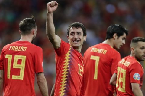 Spain's Mikel Oyarzabal celebrates after scoring his side's third goal during the Euro 2020 Group F qualifying soccer match between Spain and Sweden at the Santiago Bernabeu stadium in Madrid, Monday June 10, 2019. (AP Photo/Manu Fernandez)