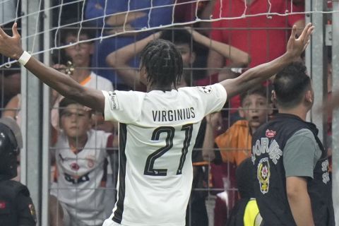 Young Boys' Alan Virginius, celebrates scoring the opening goal during the Champions League play-off second leg soccer match between Galatasaray and Young Boys in Istanbul, Turkey, Tuesday, Aug. 27, 2024. (AP Photo/Francisco Seco)