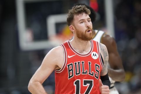 Chicago Bulls forward Onuralp Bitim in the second half of a preseason NBA basketball game Sunday, Oct. 15, 2023, in Denver. (AP Photo/David Zalubowski)