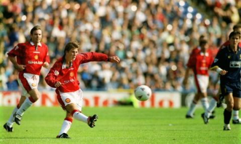 Wimbledon v Manchester United - Premier League - Selhurst Park - 96/97 - 17/8/96 Manchester United's David Beckham scores his teams third goal of game from his own half 