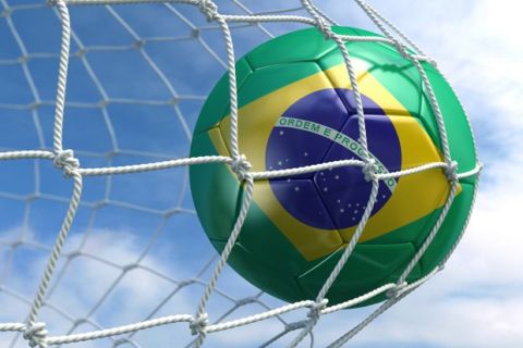 3d rendering of a Brazilian soccer ball in a net