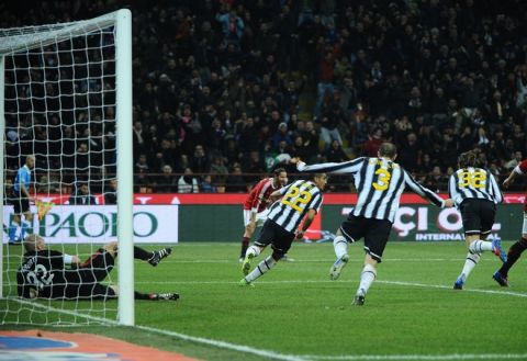 Juventus' forward Alessandro Matri (R) celebrates after scoring on February 25, 2012 during a Serie A match against AC Milan at the San Siro stadium in Milan. AFP PHOTO / OLIVIER MORIN (Photo credit should read OLIVIER MORIN/AFP/Getty Images)