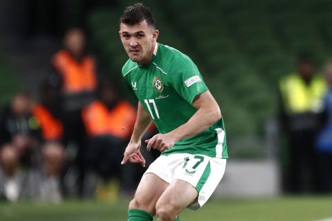 Republic of Ireland's Jason Knight in action during the UEFA Nations League soccer match between Republic of Ireland and Greece at the Aviva Stadium in Dublin, Ireland, Tuesday, Sept. 10, 2024. (AP Photo/Peter Morrison)