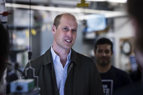 Britain's Prince William, Prince of Wales speaks to students from the Urban Assembly New York Harbor School about the Billion Oyster Project on Governors Island in New York on Monday, Sept. 18, 2023. (AP Photo/Stefan Jeremiah, Pool)