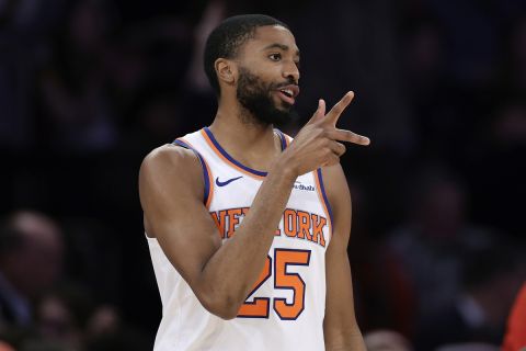 New York Knicks forward Mikal Bridges (25) reacts during the first half of an NBA basketball game against the Toronto Raptors Monday, Dec. 23, 2024, in New York. The Knicks won 139-125. (AP Photo/Adam Hunger)