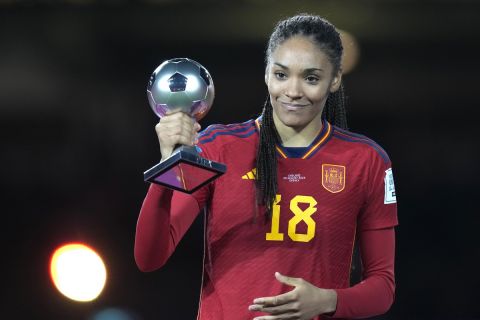 Spain's Salma Paralluelo reacts after receiving the FIFA Best Young Player Award following the Women's World Cup soccer final between Spain and England at Stadium Australia in Sydney, Australia, Sunday, Aug. 20, 2023. (AP Photo/Alessandra Tarantino)