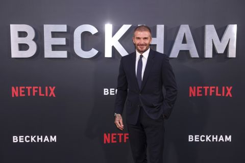 David Beckham poses for photographers upon arrival at the premiere of the television programme 'Beckham' on Tuesday, Oct. 3, 2023 in London. (AP Photo/Vianney Le Caer)