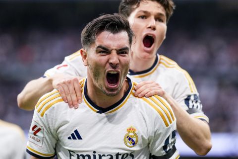 Real Madrid's Brahim Diaz celebrates after scoring his side's opening goal during the the Spanish La Liga soccer match between Real Madrid and Cadiz at the Santiago Bernabeu stadium in Madrid, Spain, Saturday, May 4, 2024. (AP Photo/Manu Fernandez)