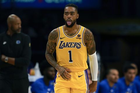 Los Angeles Lakers guard D'Angelo Russell reacts during the second half of an NBA basketball game against the Orlando Magic, Monday, Oct. 30, 2023, in Los Angeles. (AP Photo/Ryan Sun)