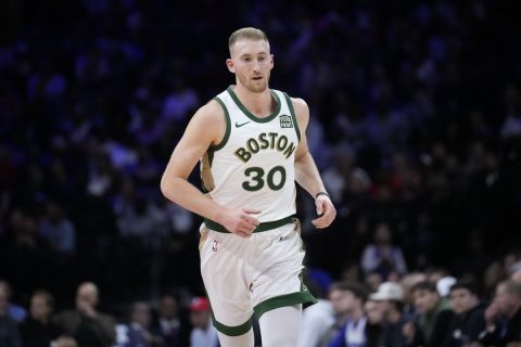 Boston Celtics' Sam Hauser plays during an NBA basketball game, Wednesday, Nov. 15, 2023, in Philadelphia. (AP Photo/Matt Slocum)