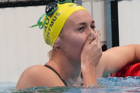 Ariarne Titmus, of Australia reacts after winning the final of the women's 400-meters freestyle at the 2020 Summer Olympics, Monday, July 26, 2021, in Tokyo, Japan. (AP Photo/Petr David Josek)