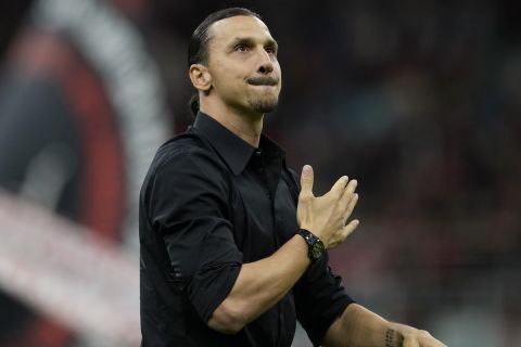 AC Milan's Zlatan Ibrahimovic reacts after his last game for the club at the end of a Serie A soccer match between AC Milan and Hellas Verona at the San Siro stadium, in Milan, Italy, Sunday, June 4, 2023. (AP Photo/Antonio Calanni)