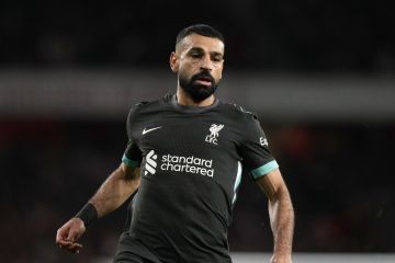 Liverpool's Mohamed Salah reacts during the English Premier League soccer match between Arsenal and Liverpool at the Emirates stadium in London, Sunday Oct. 27, 2024. (AP Photo/Alastair Grant)