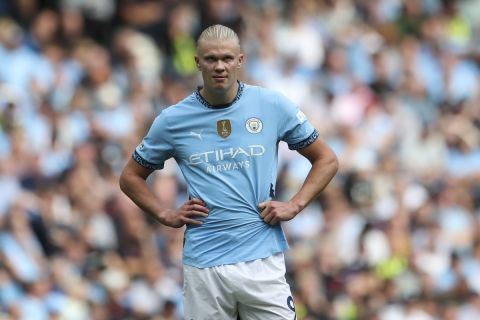 Manchester City's Erling Haaland looks during the English Premier League soccer match between Manchester City and Brentford at the Etihad Stadium in Manchester, England, Saturday, Sept. 14, 2024. (AP Photo/Scott Heppel)