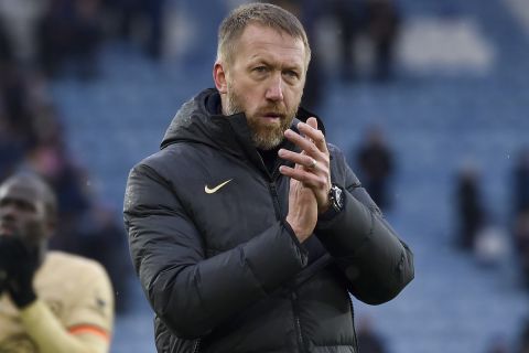 FILE - Chelsea's head coach Graham Potter celebrates at the end of the English Premier League soccer match between Leicester City and Chelsea at King Power stadium in Leicester, England, Saturday, March 11, 2023. Chelsea has fired manager Graham Potter with the club languishing in the middle of the Premier League standings despite spending more than $600 million on players in the last two transfer windows. The team announced Potter's departure on Sunday, April 2. (AP Photo/Rui Vieira, file)