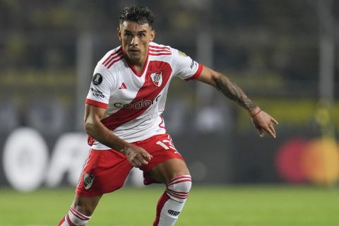 Enzo Diaz of Argentina's River Plate during a Copa Libertadores Group H soccer match against Venezuela's Deportivo Tachira at Polideportivo de Pueblo Nuevo stadium in San Cristobal, Venezuela, Tuesday, April 2, 2024. (AP Photo/Matias Delacroix)