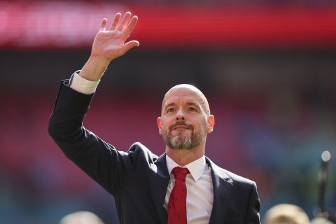 Manchester United's head coach Erik ten Hag celebrates after his team won the English FA Cup final soccer match between Manchester City and Manchester United at Wembley Stadium in London, Saturday, May 25, 2024. (AP Photo/Ian Walton)