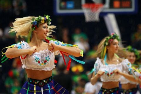 VILNIUS, LITHUANIA - SEPTEMBER 07: Cheerleaders dance during the EuroBasket 2011 second round group A match between Germany and Spain at Siemens Arena on September 7, 2011 in Vilnius, Lithuania. (Photo by Christof Koepsel/Bongarts/Getty Images)