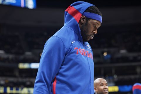 Philadelphia 76ers center Montrezl Harrell (5) in the first half of an NBA basketball game Monday, March 27, 2023, in Denver. (AP Photo/David Zalubowski)