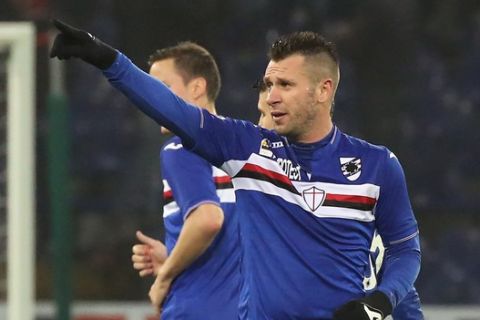 Sampdoria's Antonio Cassano celebrates after scoring a goal during a Serie A soccer match between Sampdoria and Juventus Milan, in Genoa, Italy, Sunday, Jan. 10, 2016. (AP Photo/Carlo Baroncini)