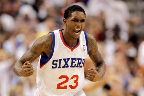 PHILADELPHIA, PA - APRIL 21: Lou Williams #23 of the Philadelphia 76ers reacts after scoring against the Miami Heat during the first half of game three of the Eastern Conference Quarterfinals at Wells Fargo Center on April 21, 2011 in Philadelphia, Pennsylvania.NOTE TO USER: User expressly acknowledges and agrees that, by downloading and/or using this Photograph, User is consenting to the terms and conditions of the Getty Images License Agreement.  (Photo by Rob Carr/Getty Images)