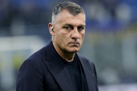 Christian Vieri stands prior to a Serie A soccer match between Inter Milan and Juventus at the San Siro stadium in Milan, Italy, Sunday, Oct.27, 2024. (AP Photo/Luca Bruno)