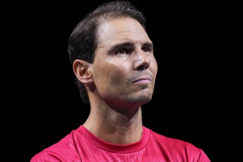 Spain's Rafael Nadal during a tribute after playing his last match as a professional tennis player in the Davis Cup quarterfinals at the Martin Carpena Sports Hall in Malaga, southern Spain, on early Wednesday, Nov. 20, 2024. (AP Photo/Manu Fernandez)