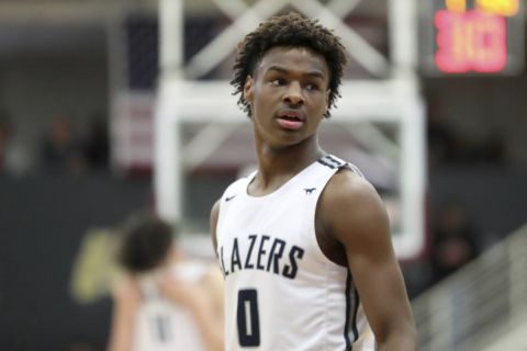 Sierra Canyon's Bronny James #0 is seen against Paul VI during a high school basketball game at the Hoophall Classic, Monday, January 20, 2020, in Springfield, MA. (AP Photo/Gregory Payan)