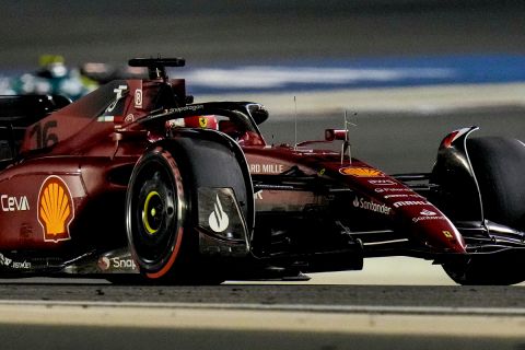 Ferrari driver Charles Leclerc of Monaco steers his car during the Formula One Bahrain Grand Prix it in Sakhir, Bahrain, Sunday, March 20, 2022. (AP Photo/Hassan Ammar)