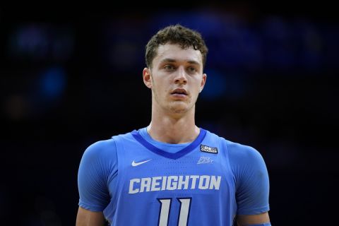 Creighton's Ryan Kalkbrenner plays during an NCAA college basketball game, Saturday, March 9, 2024, in Philadelphia.